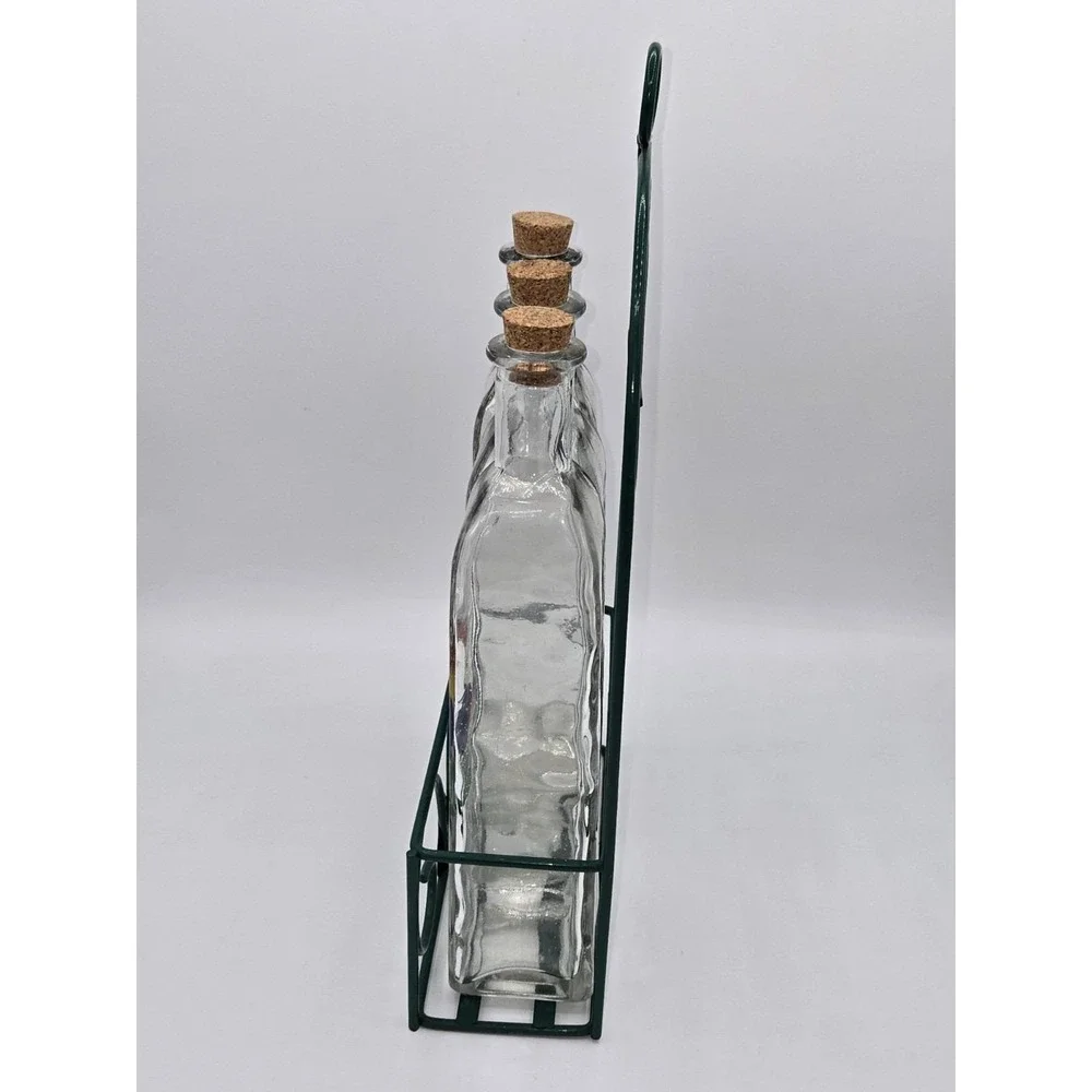 Vintage Rooster Oil and Vinegar Glass Bottles In Holder‎ Set of 3